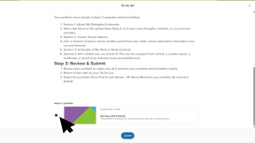A custom portfolio project open in a student account. The cursor is selecting a portfolio to submit.
